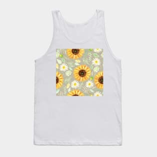 Sunflowers and Daisies | Watercolor | Art | Pattern | Grey Texture Tank Top